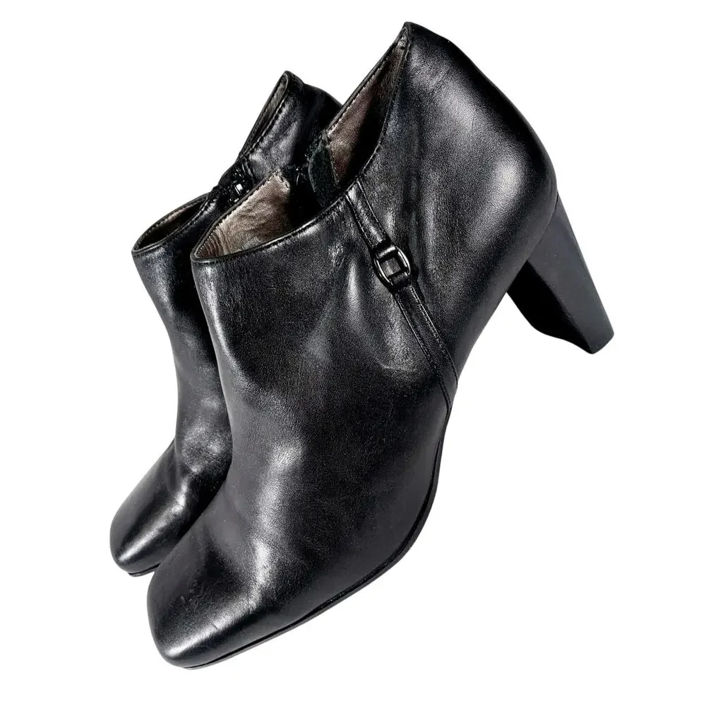 JENNIFER MOORE! BLACK GENUINE LEATHER RECTANGULAR HEEL, ZIP ANKLE BOOTS! SZ 9M